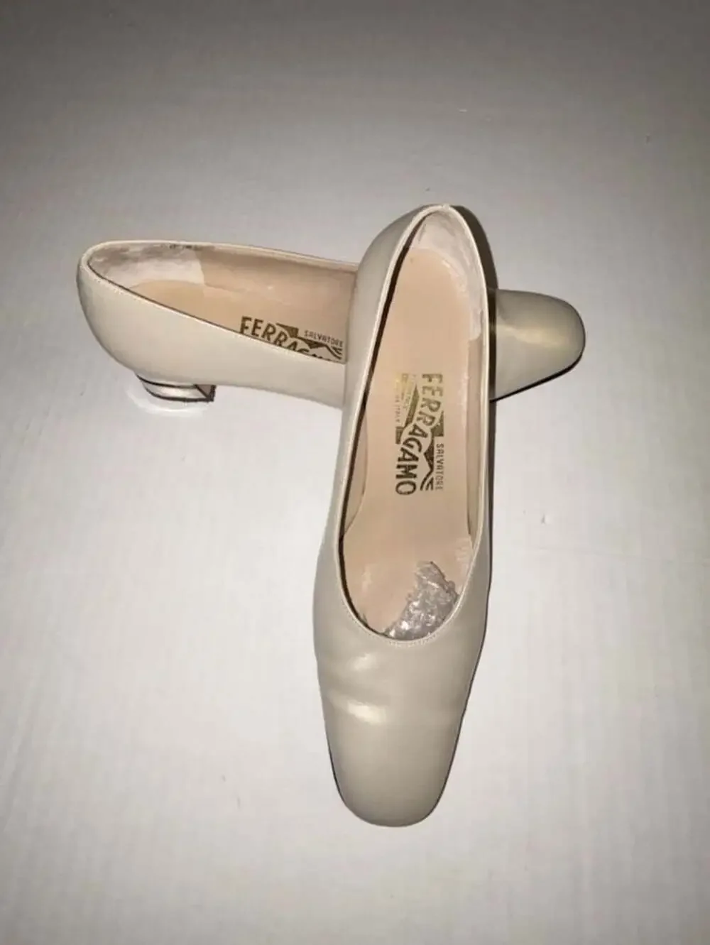 Salvatore Ferragamo Beige Leather Low Heel Square Toe Pumps